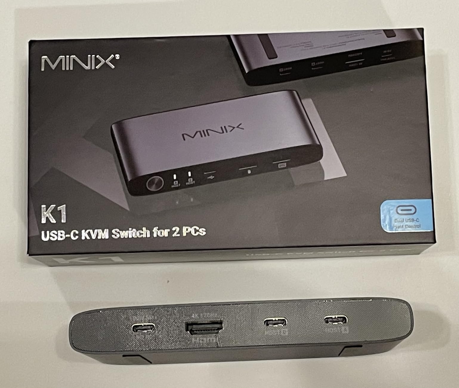 MINIX K1 USB C KVM Switch 1 Monitors 2 Computers, 4K@120Hz HDR, 100W PD 3.0, Dual USB-C Input KVM Switches, Share Keyboard & Mouse, Aluminum Design, Compatible with Windows, Mac, Linux, Android customer photo 2