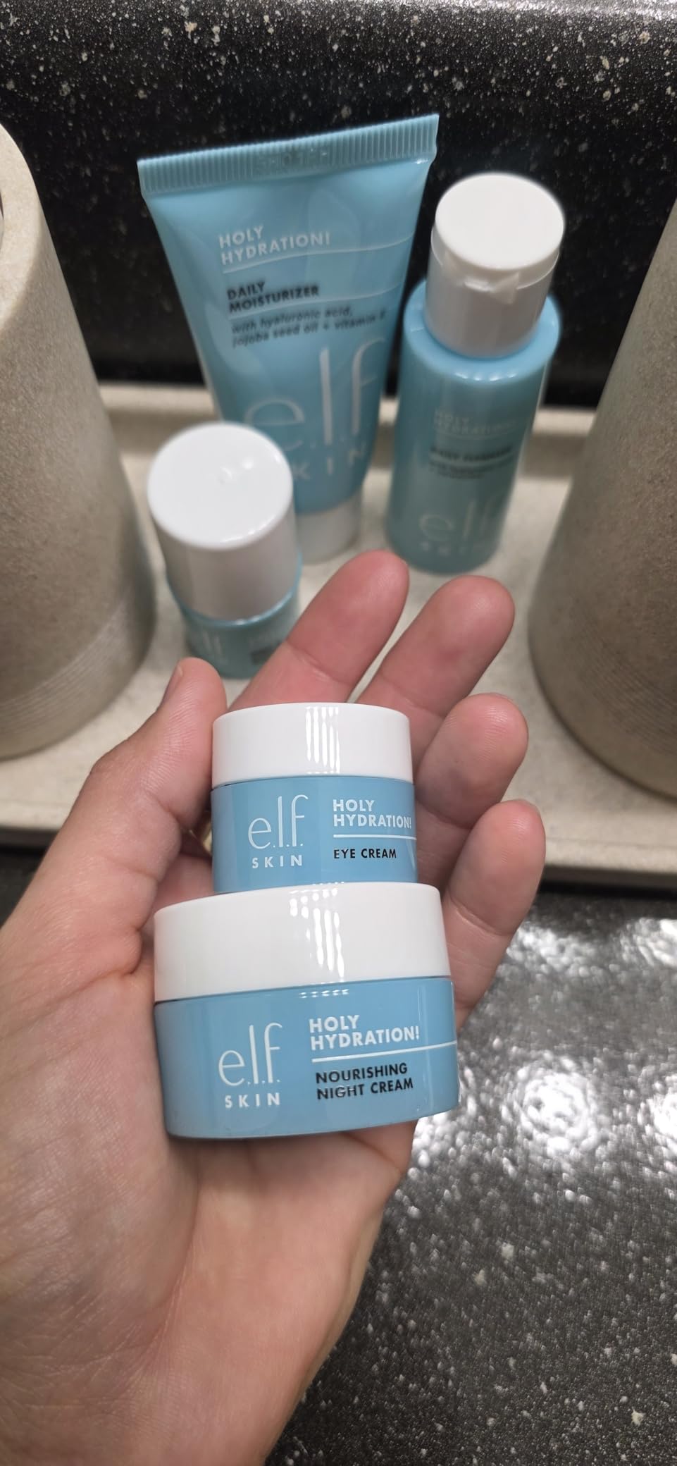 e.l.f. SKIN Holy Hydration! Jet Set Hydration Kit, Travel Friendly Hydrating Skincare Set, Face Cleanser, Balm, Moisturizer, Eye Cream & Night Cream, Vegan & Cruelty-Free customer photo 2