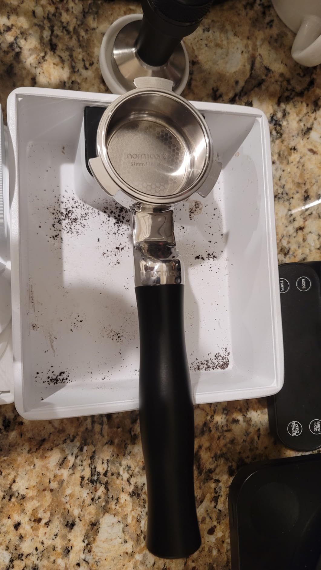 Normcore 58 mm Silm Naked Bottomless Portafilter Fits E61 Group Head, ECM, Rocket, Sanremo, Synesso, Slayer, VBM, Black Anodized Aluminum Handle and 18g Basket customer photo 2